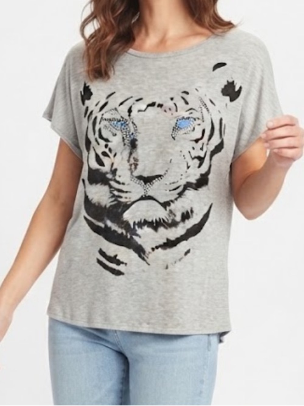 Bobbie Brooks Grey Short-Sleeve Tee with Tiger Graphic and Blue Eye Accents L